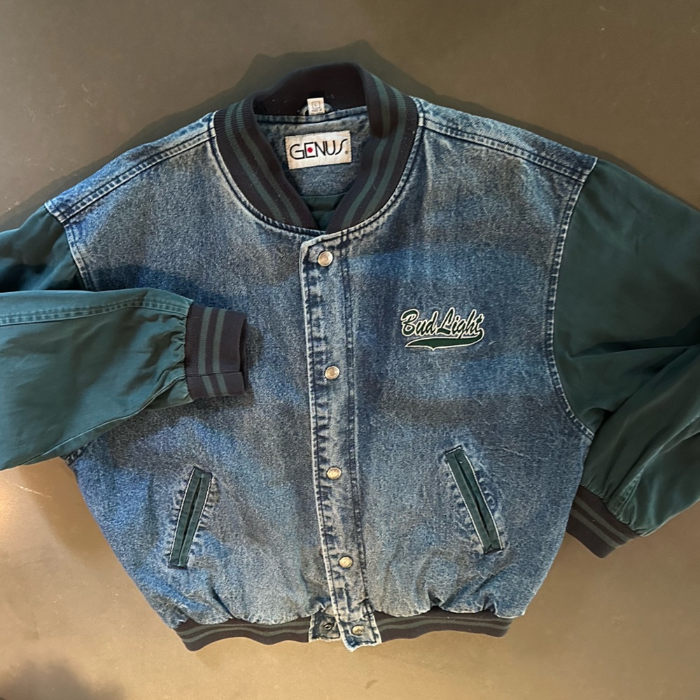 Men's Blue Denim Jacket with Green Sleeves